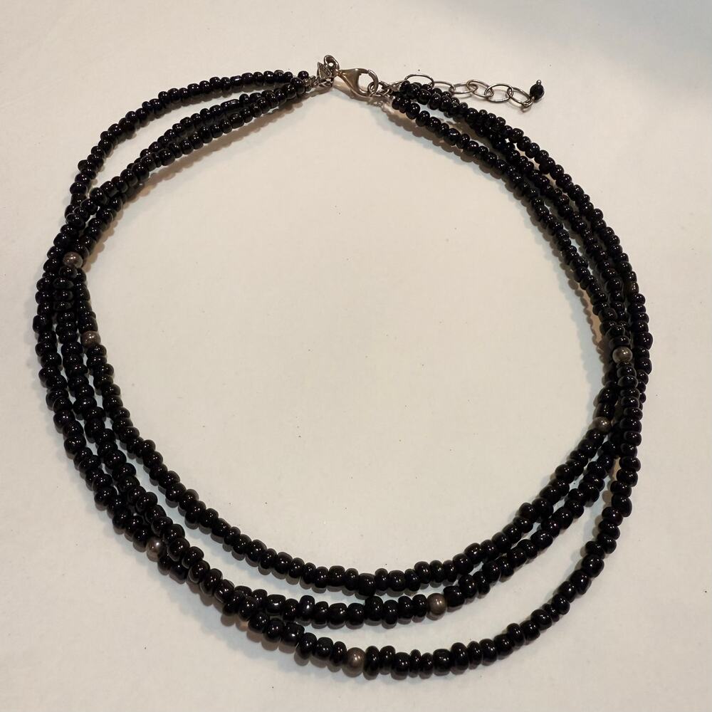 Silpada Sterling Silver Triple Strand Black Glass Bead Necklace - Picture 2 of 5